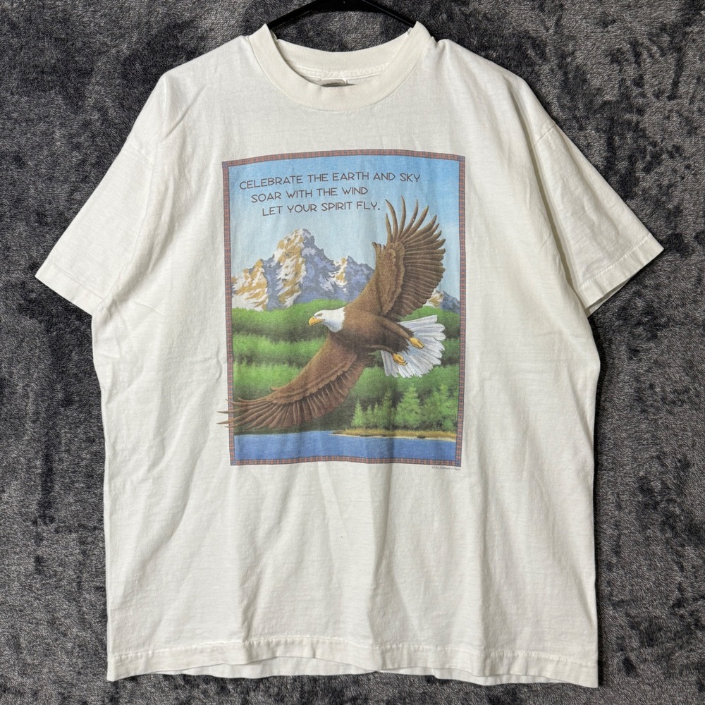 Vintage 90s Bald Eagle Human-i-tees T-Shirt Lrg White Nature Let Your Spirit Fly